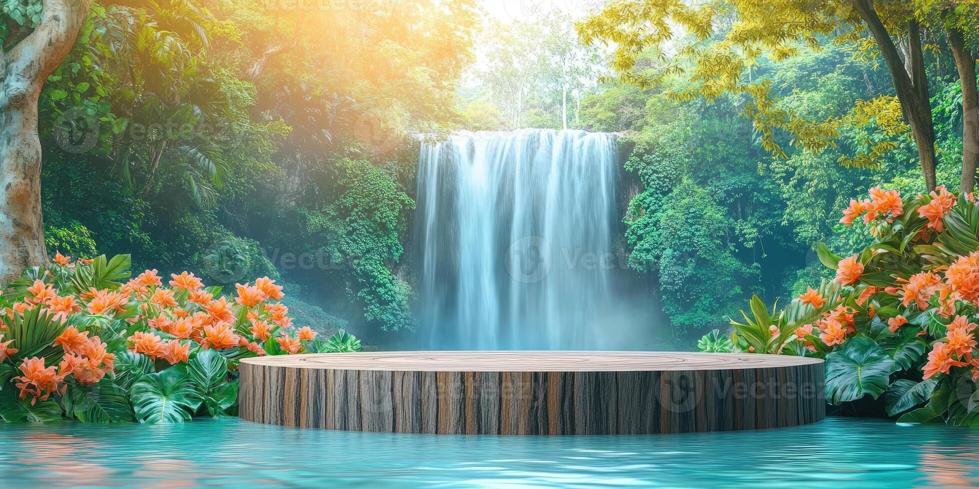 Wooden Platform in Front of Waterfall with Lush Greenery photo