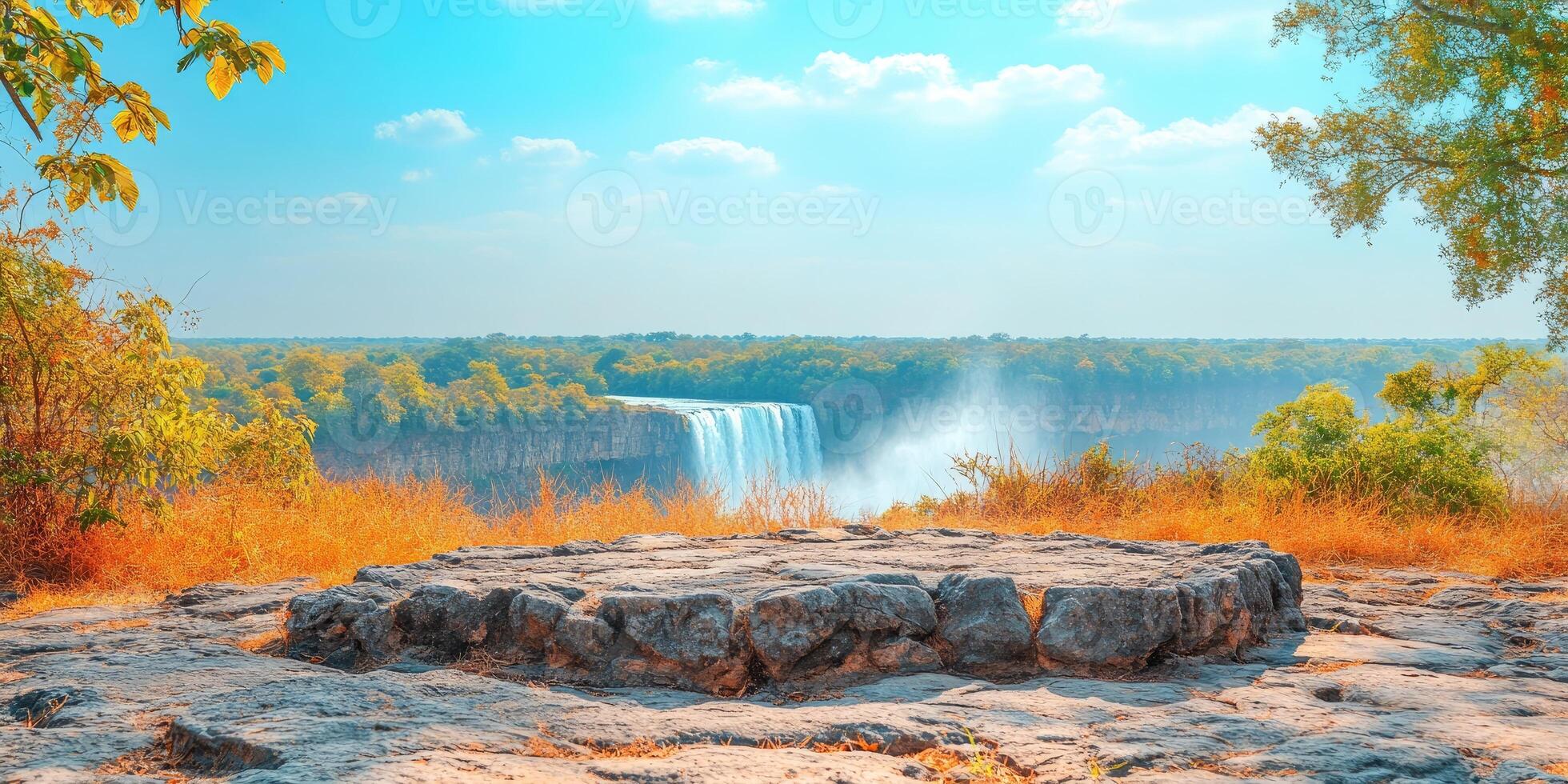 Viewpoint overlooking a large waterfall with trees and rocks in the foreground photo