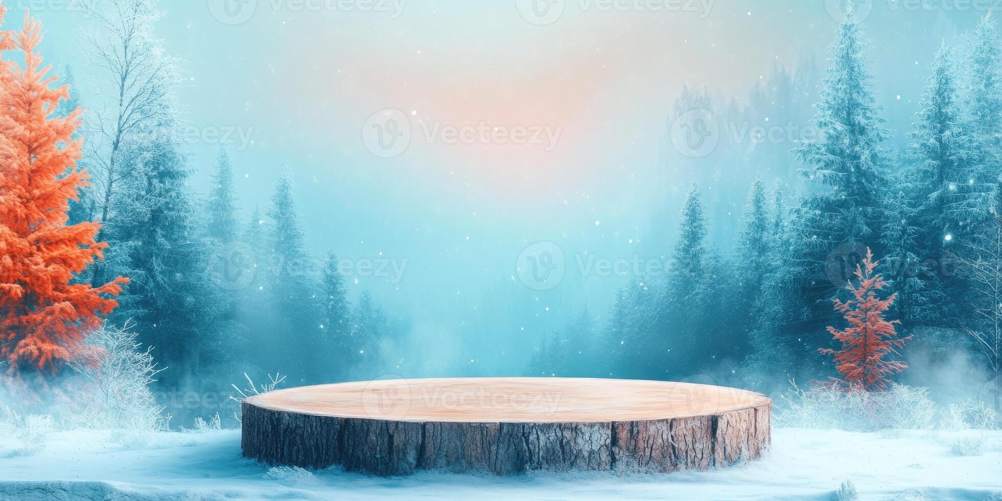 Wooden Platform in a Snowy Forest with a Hazy Sky photo