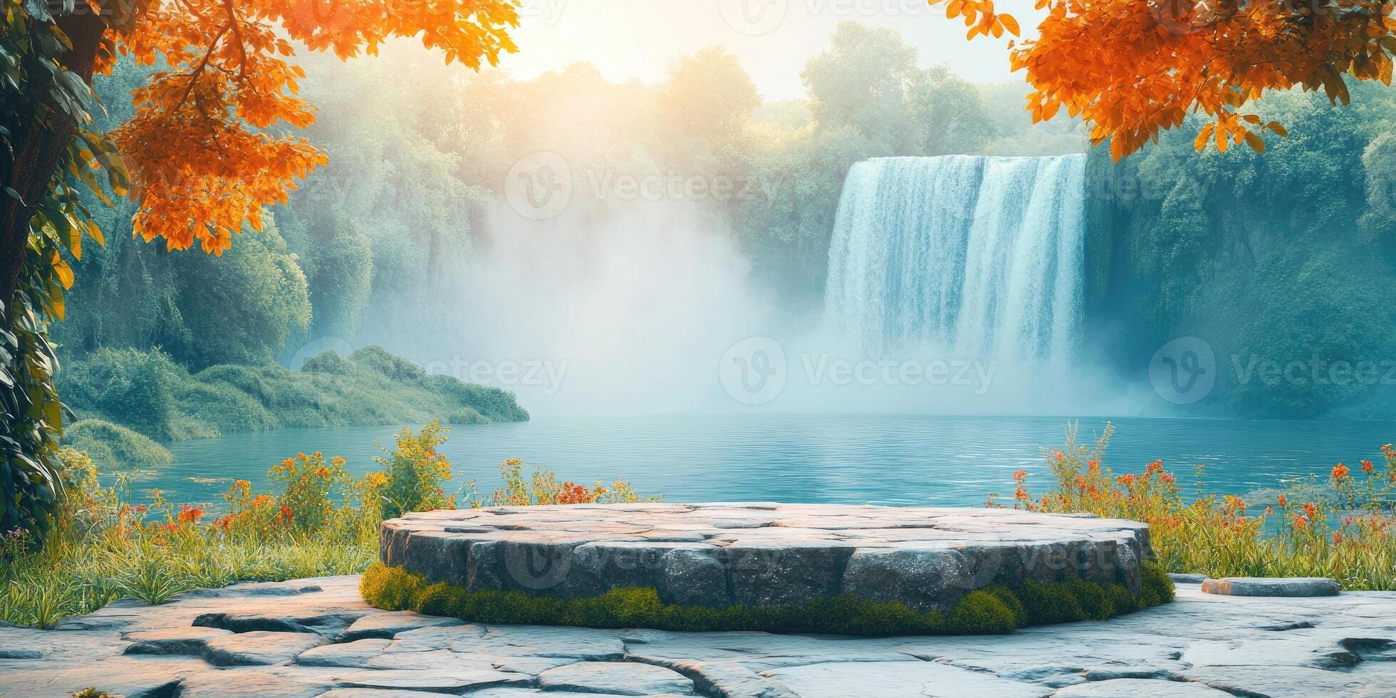 Stone Platform by a Waterfall in a Misty Forest photo