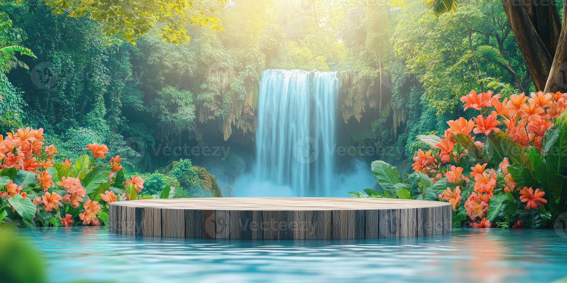 Wooden Platform in Front of a Waterfall in a Tropical Forest photo