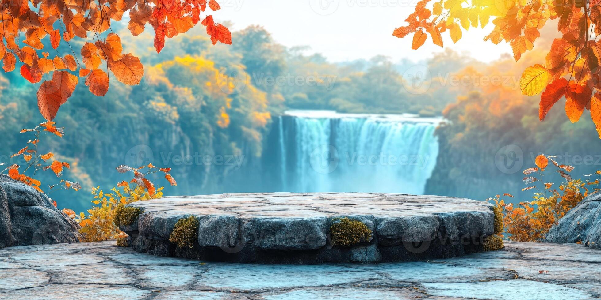 Stone Platform Overlooking a Waterfall in Autumn photo