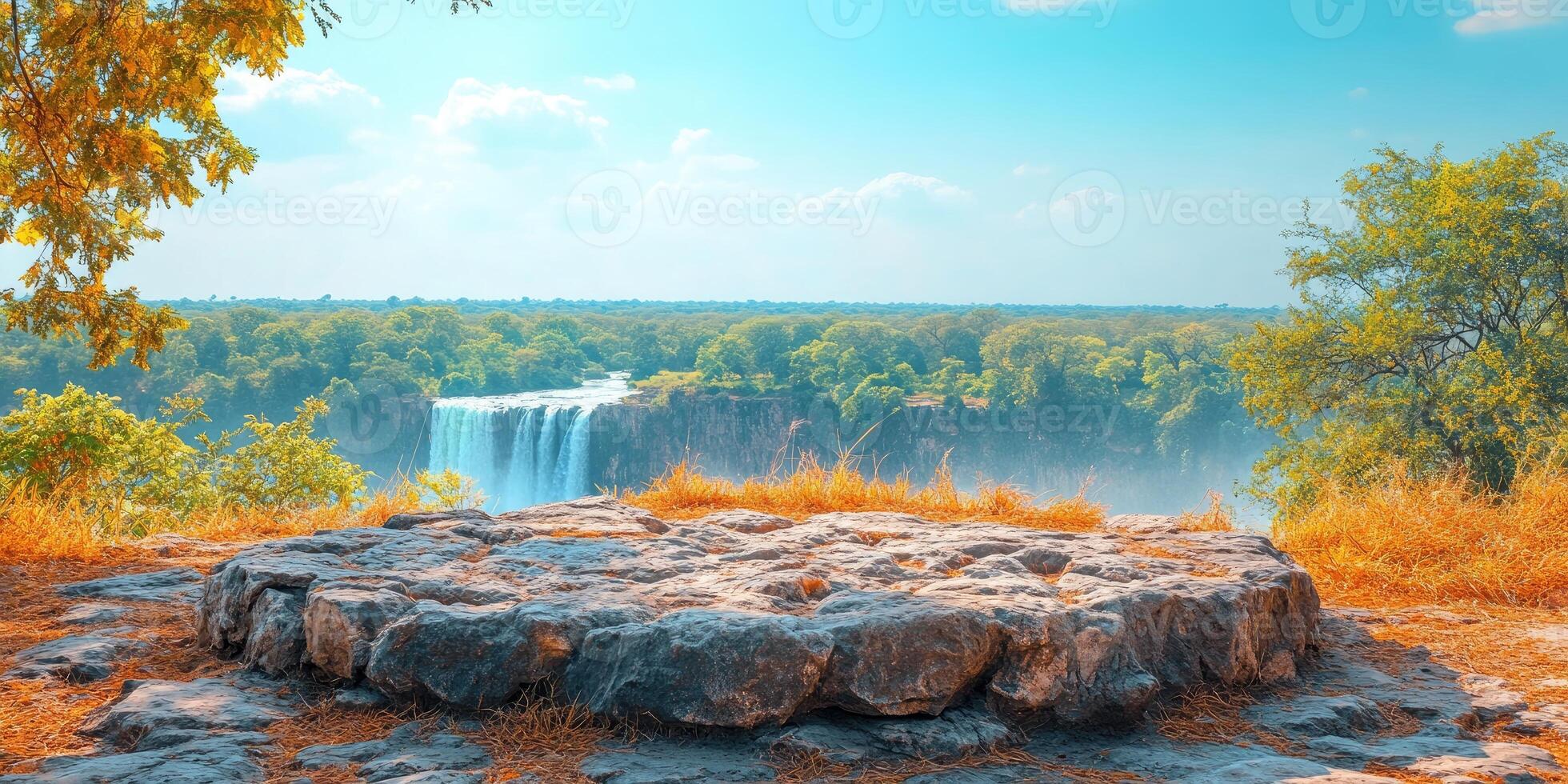 A rocky outcrop overlooking a waterfall and forest. photo