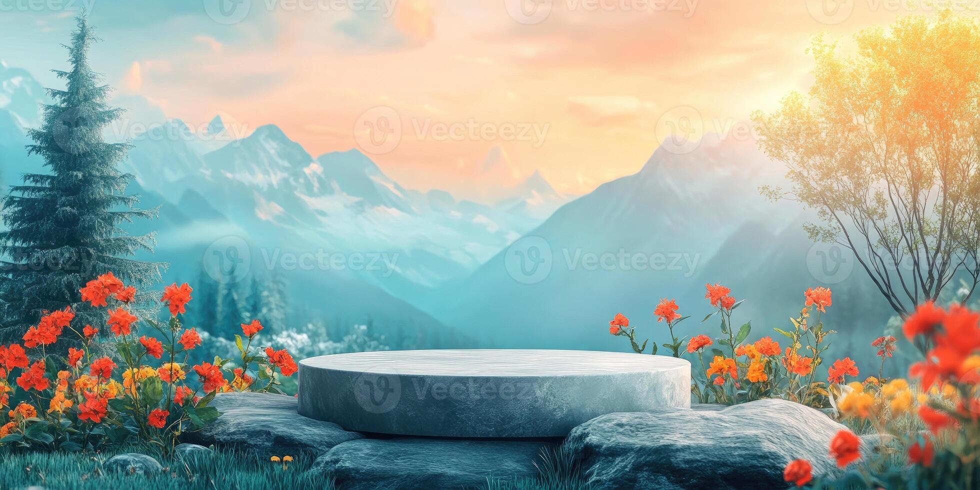 Stone Platform with Flowers and Mountain View at Sunset photo