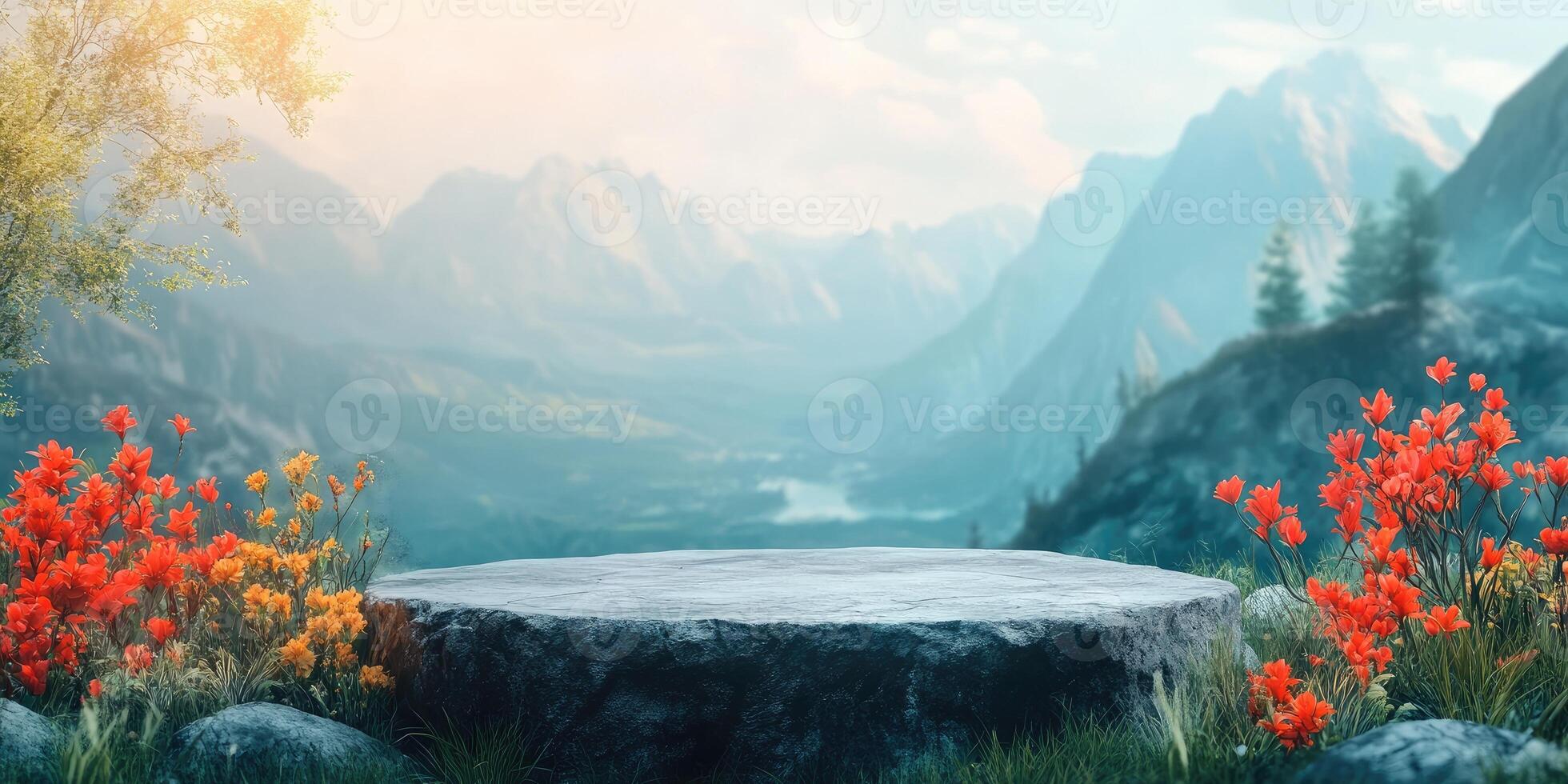 Stone Platform in a Mountainous Landscape with Flowers photo