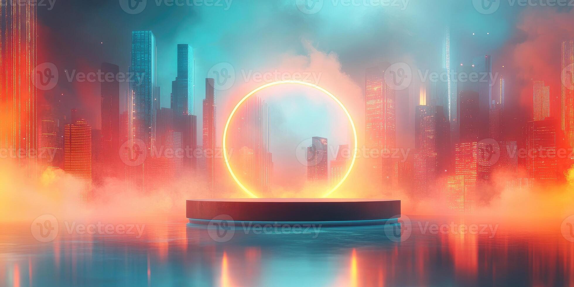 Neon Cityscape with Platform and Glowing Ring photo