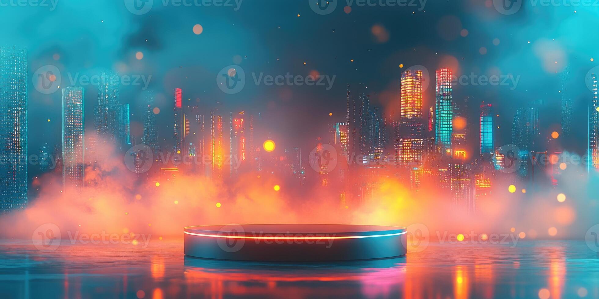 Illuminated Platform with City Skyline and Fog photo