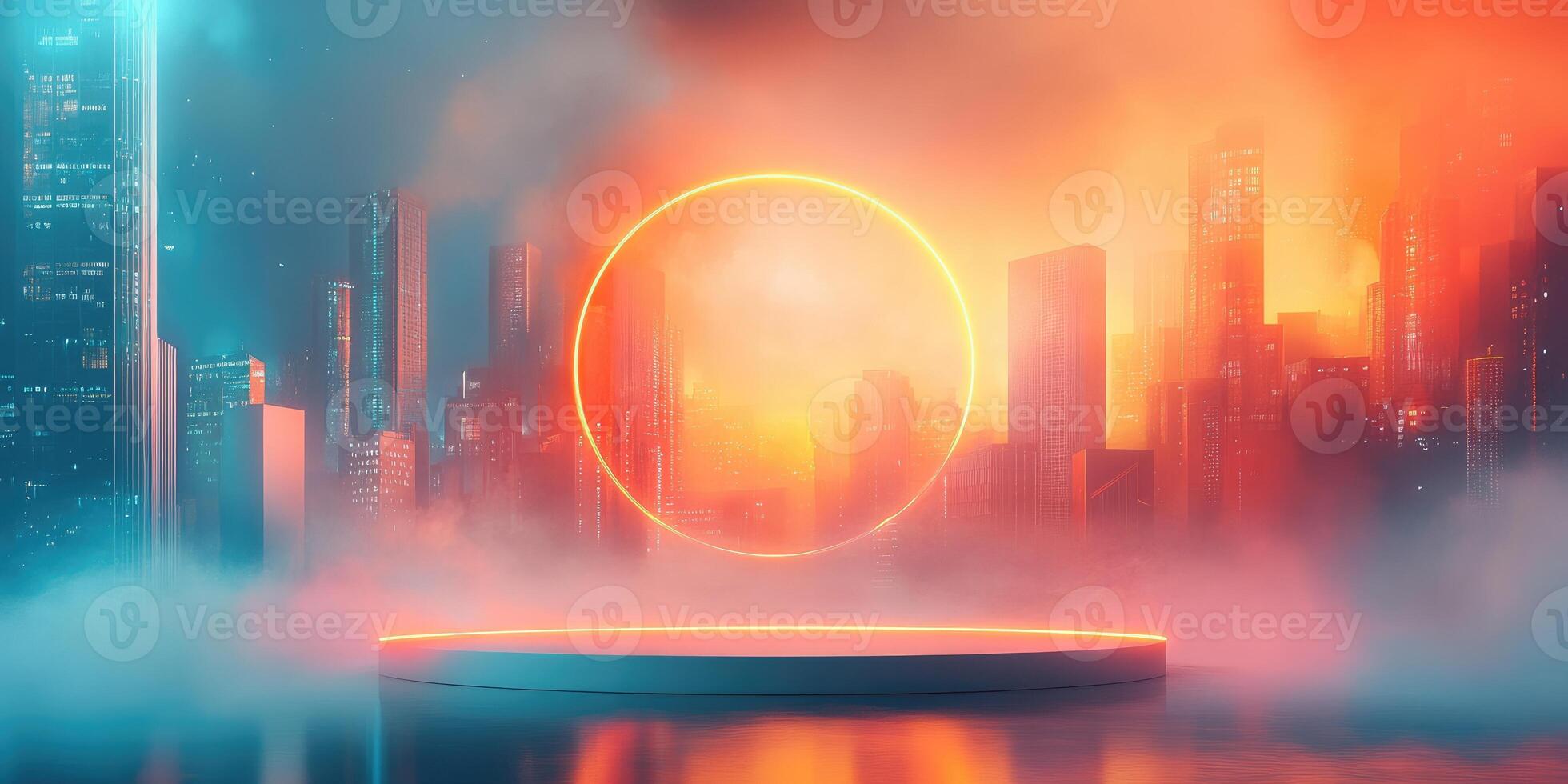 Futuristic Cityscape with Neon Ring and Platform photo