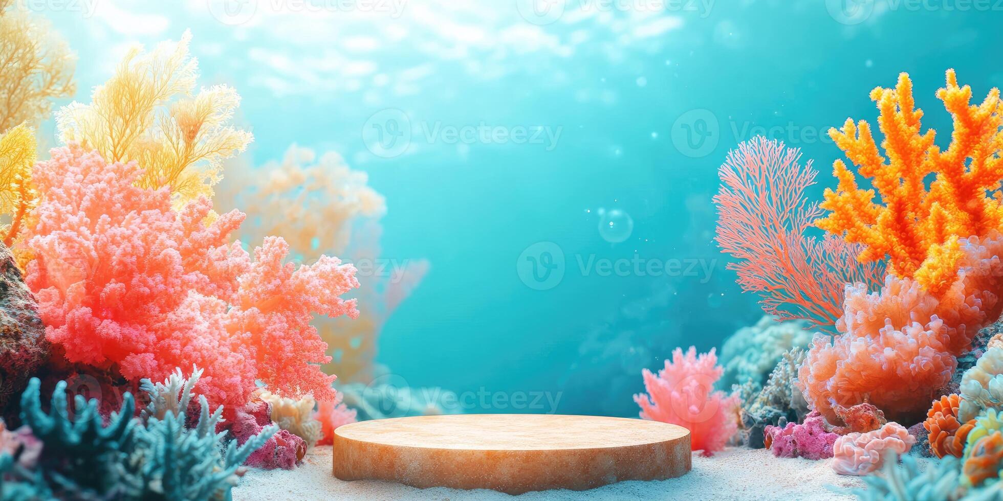 Wooden Platform Surrounded by Vibrant Coral Reef in Blue Ocean Water photo