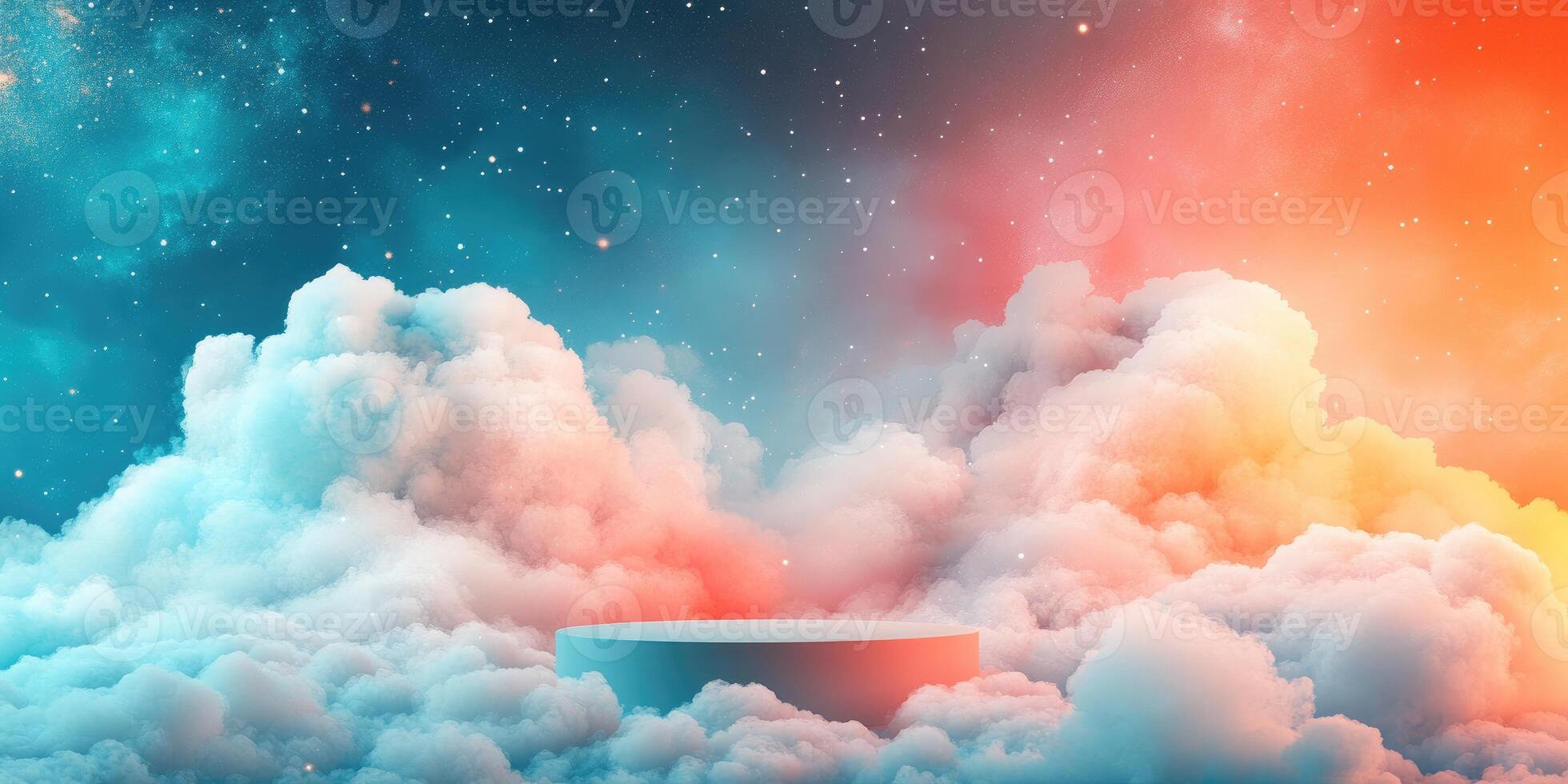 A Cylindrical Platform Resting Amidst Fluffy Clouds with a Multicolored Sky photo