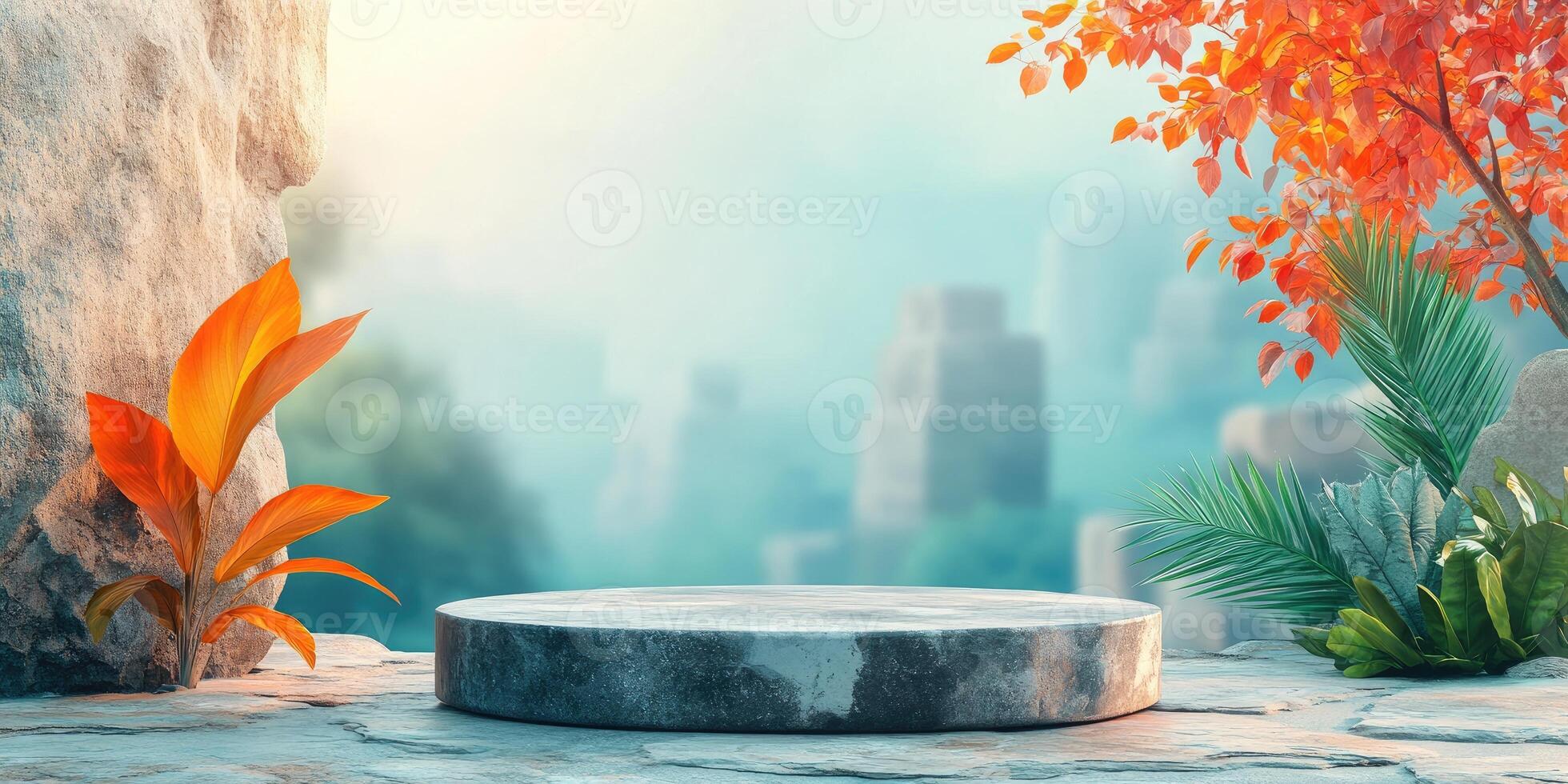 Stone Platform with Tropical Plants and a Blurred Cityscape Background photo