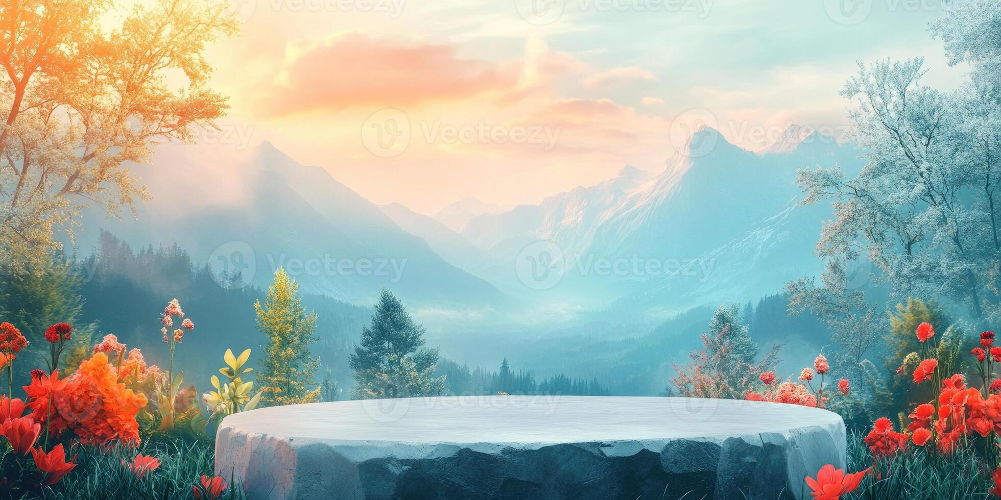 Stone Platform Surrounded by Flowers Against a Mountain Background photo