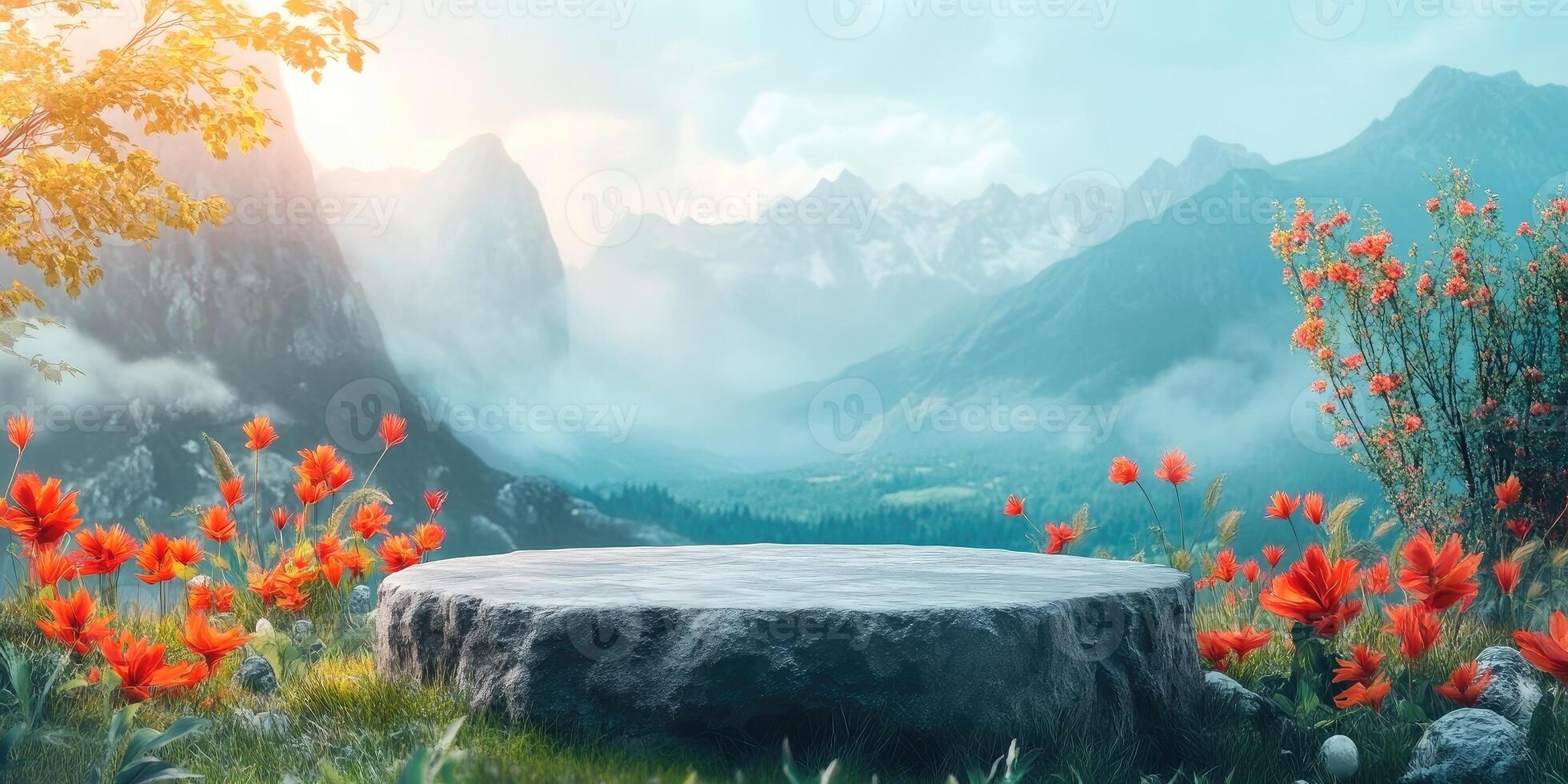 Stone Platform in a Field of Flowers with Mountain Background photo
