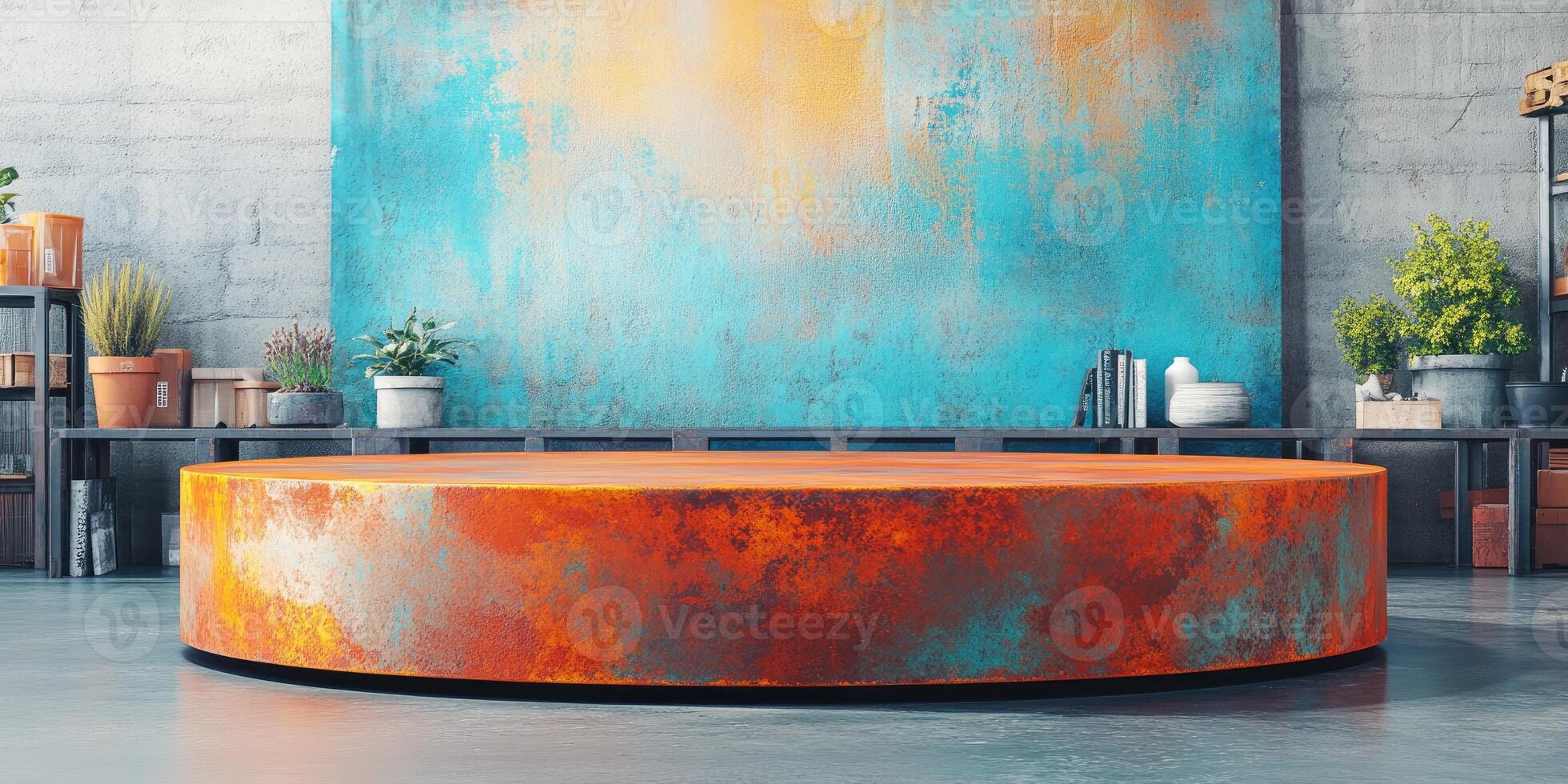 A Rusty Circular Platform In Front of a Blue, Orange, and White Wall photo