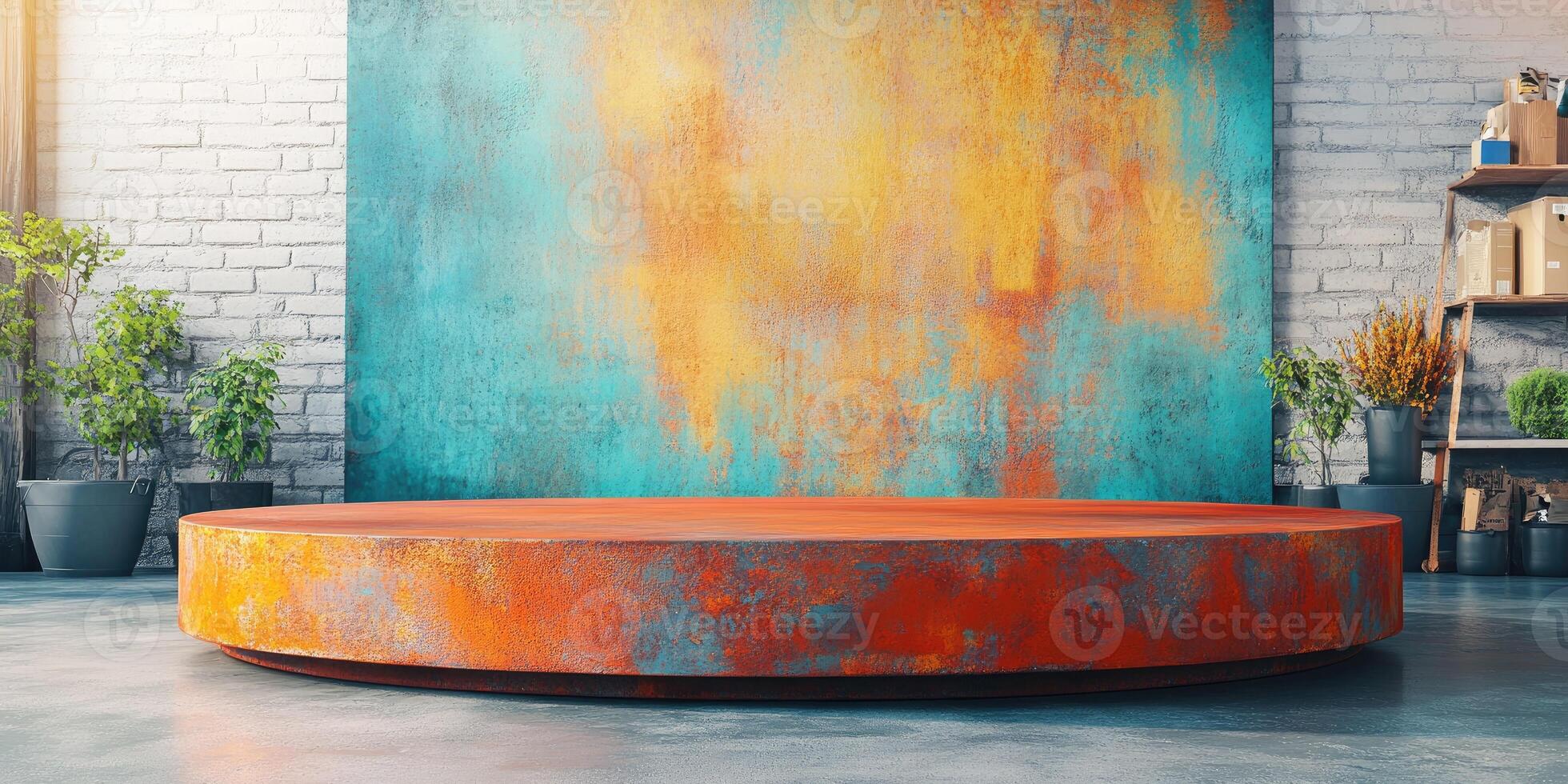 Rusty Round Platform In Front Of An Abstract Wall photo