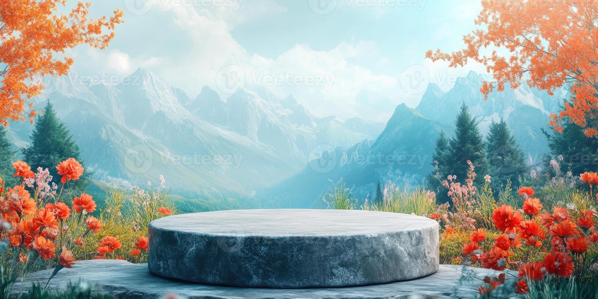 Stone Platform in a Mountainous Meadow with Orange Flowers photo