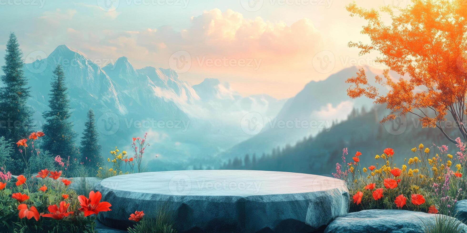 Stone Platform with Flowery Meadow and Misty Mountain Background at Sunset photo