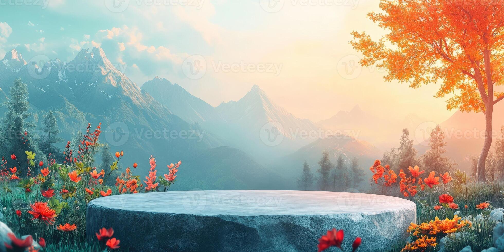 A Stone Platform in a Mountainous Landscape with Flowers photo