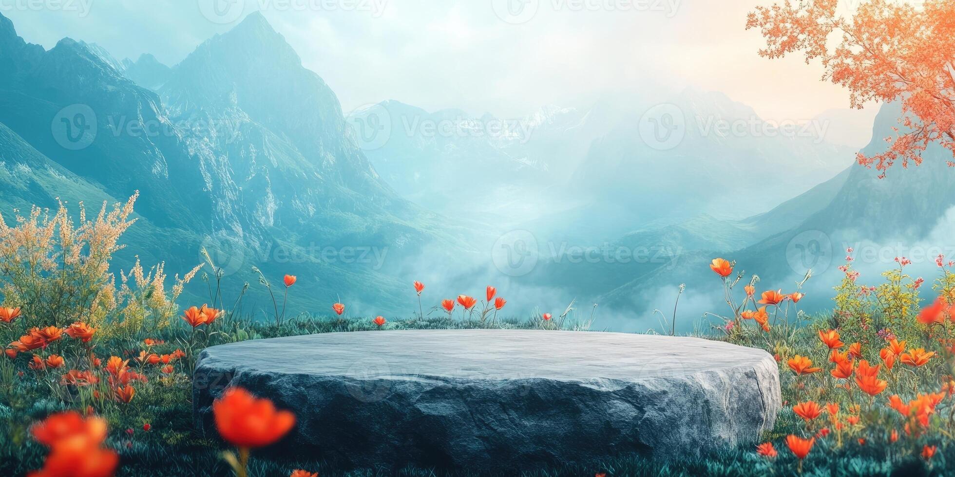 Stone Platform in a Mountain Meadow with Red Flowers photo