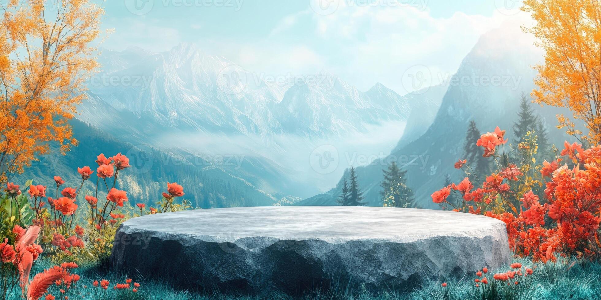 Stone Platform In Front of Misty Mountain Range with Red Flowers photo