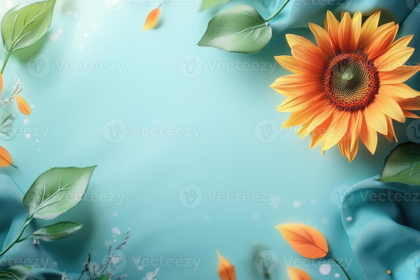 A vibrant sunflower with green leaves and petals on a blue background photo
