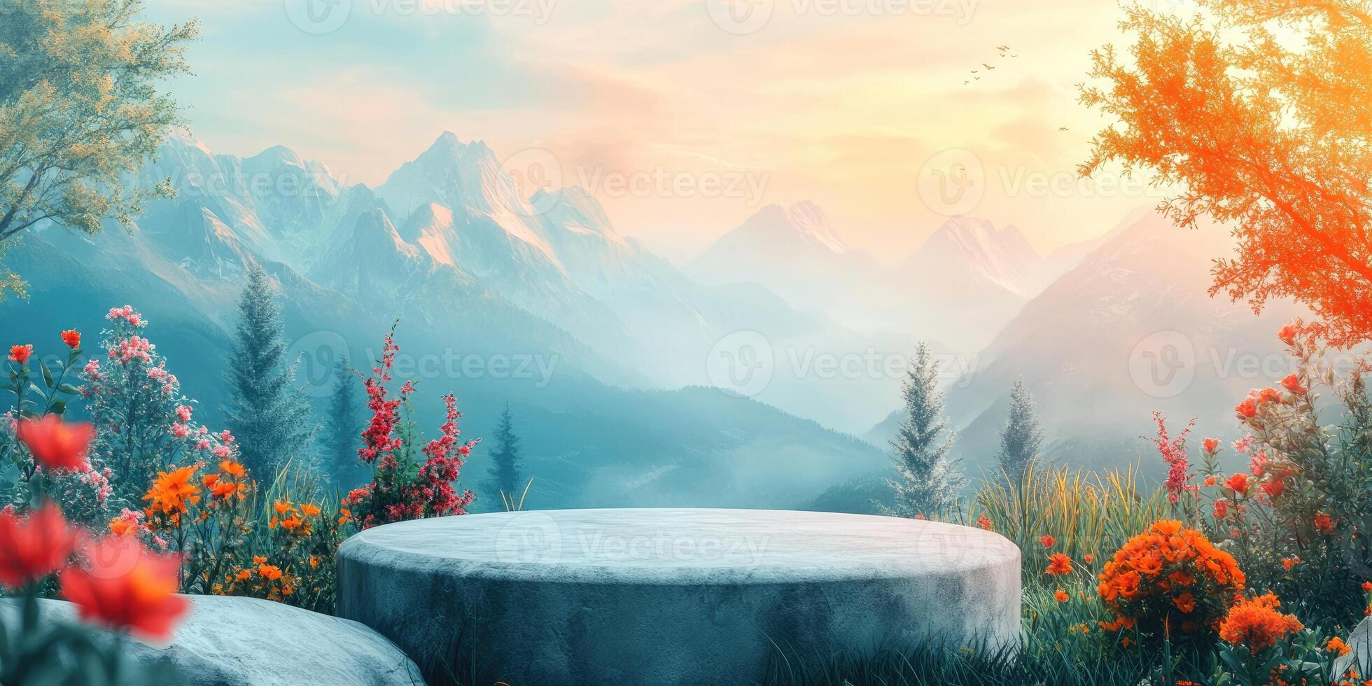 Stone Platform in a Misty Mountain Landscape with Flowers photo