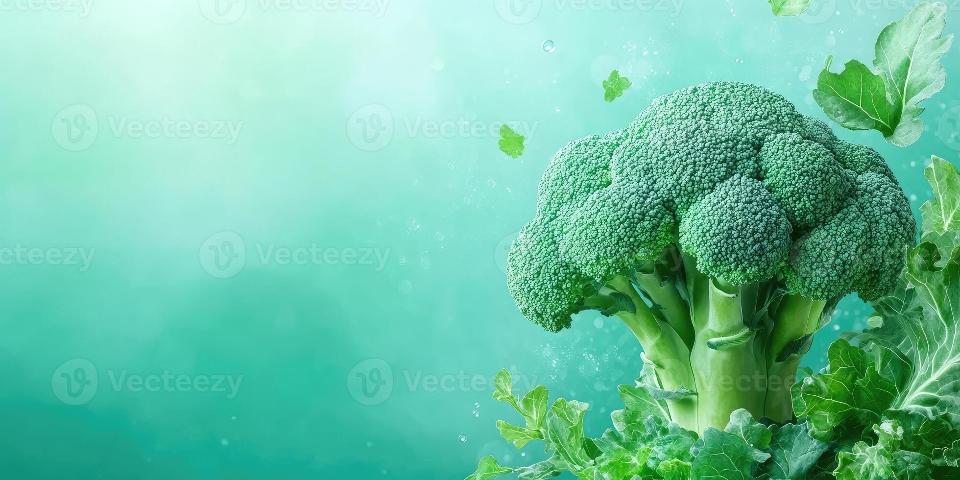 Fresh Green Broccoli with Water Drops and Leaves on a Teal Background photo