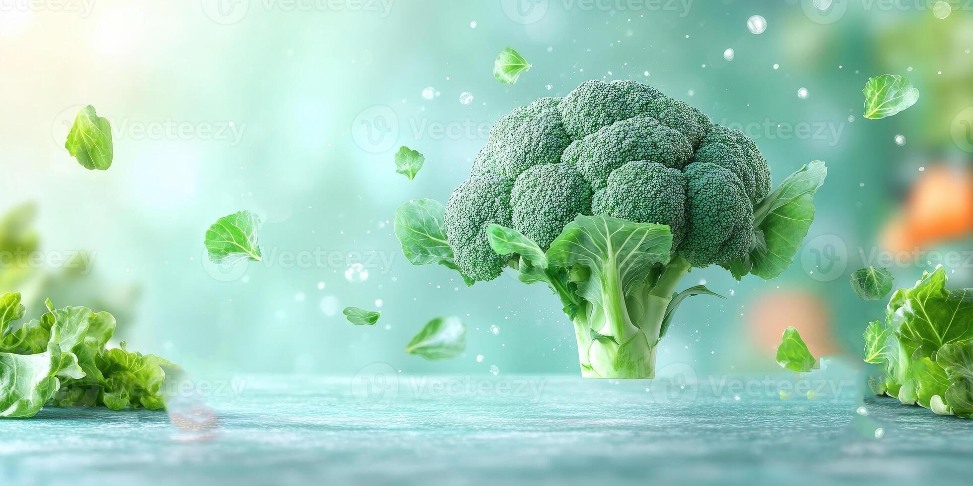 Broccoli Floats Above a Table with Scattered Green Leaves photo