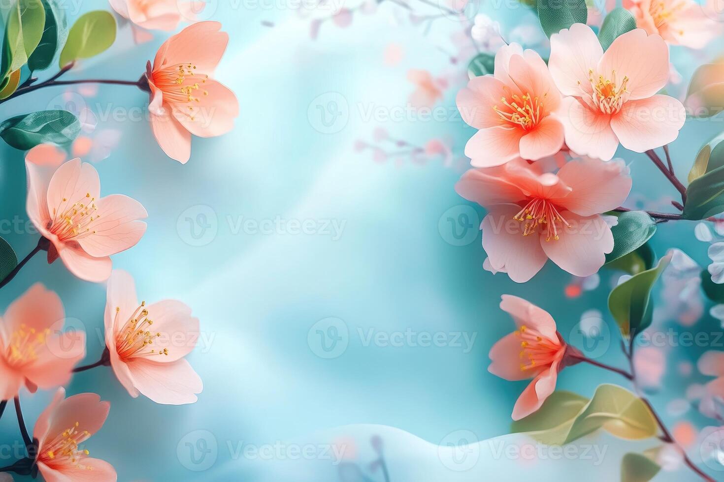 Delicate Pink Flowers with Green Leaves on a Blue Background photo