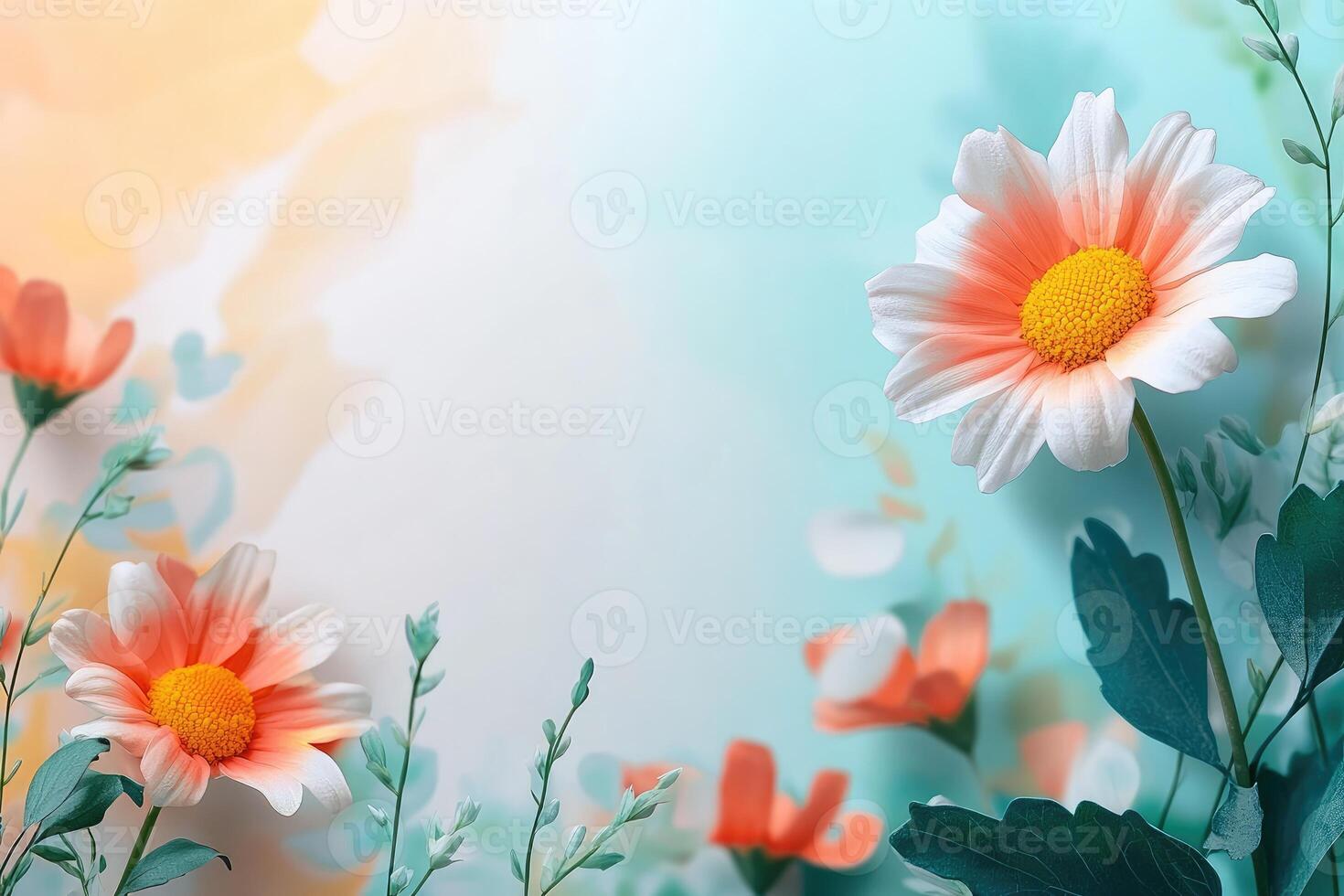 A single white and peach flower with green leaves against a light blue and orange background photo