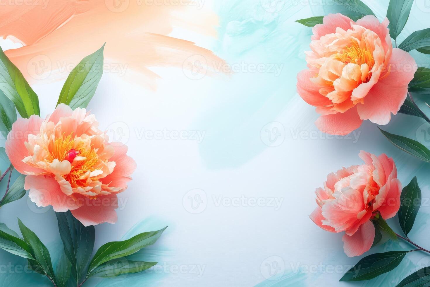 Peach Peonies with Green Leaves on Blue and Peach Background photo