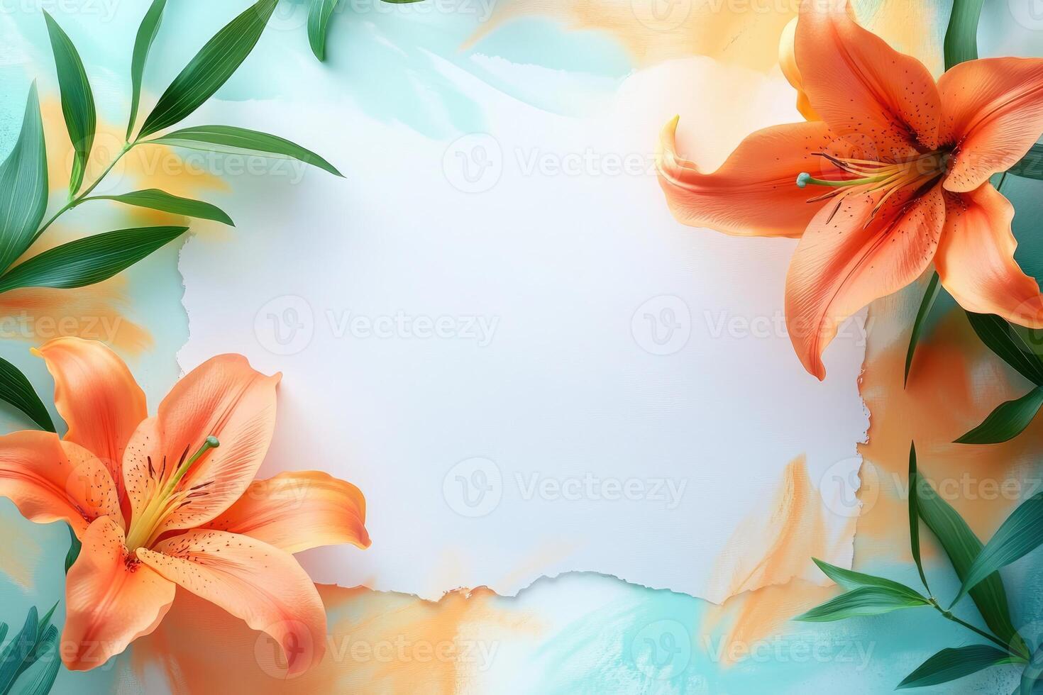 Orange Lilies and Green Leaves Framing a White Space photo