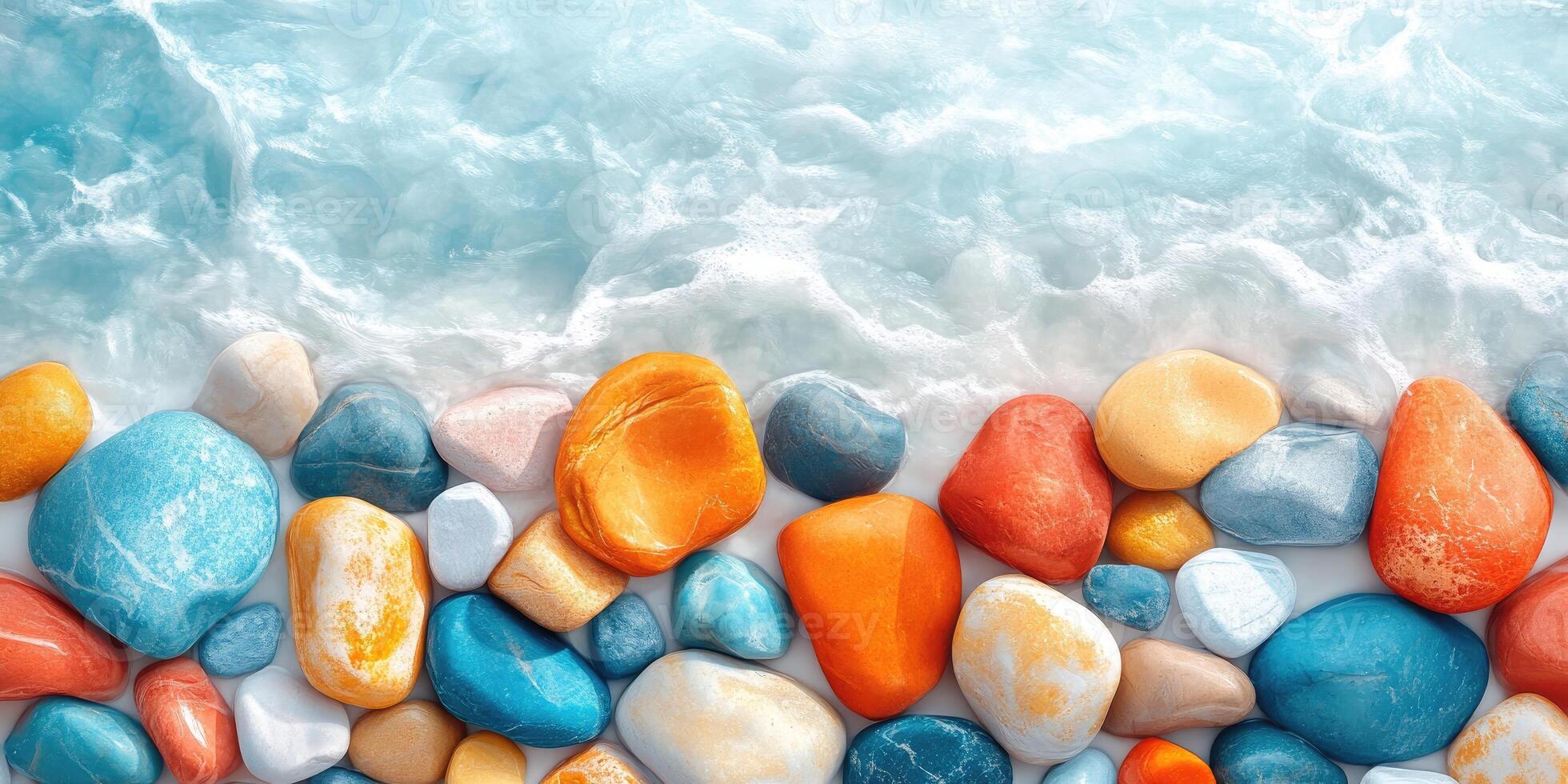Smooth Colorful Stones at the Edge of Ocean Water photo