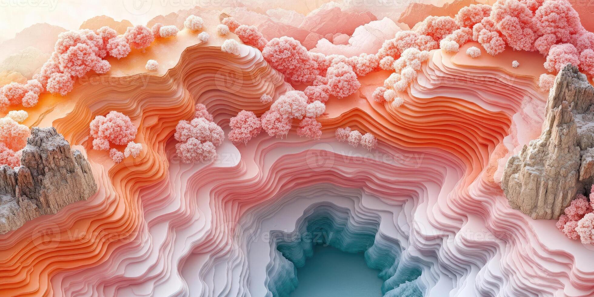 Abstract Landscape with Paper-Like Mountains and Pink Trees photo