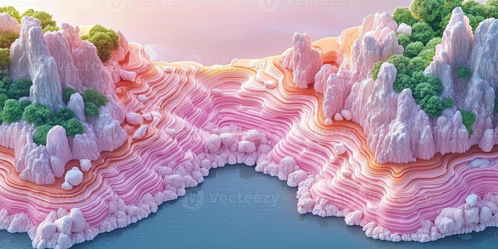 Abstract Landscape with Pink Mountains and Green Trees photo