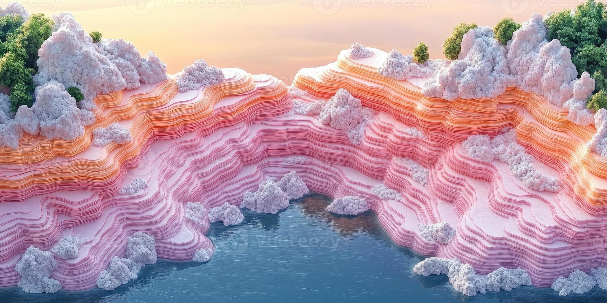 Abstract Landscape with Pink Layered Cliffs and Blue Water photo