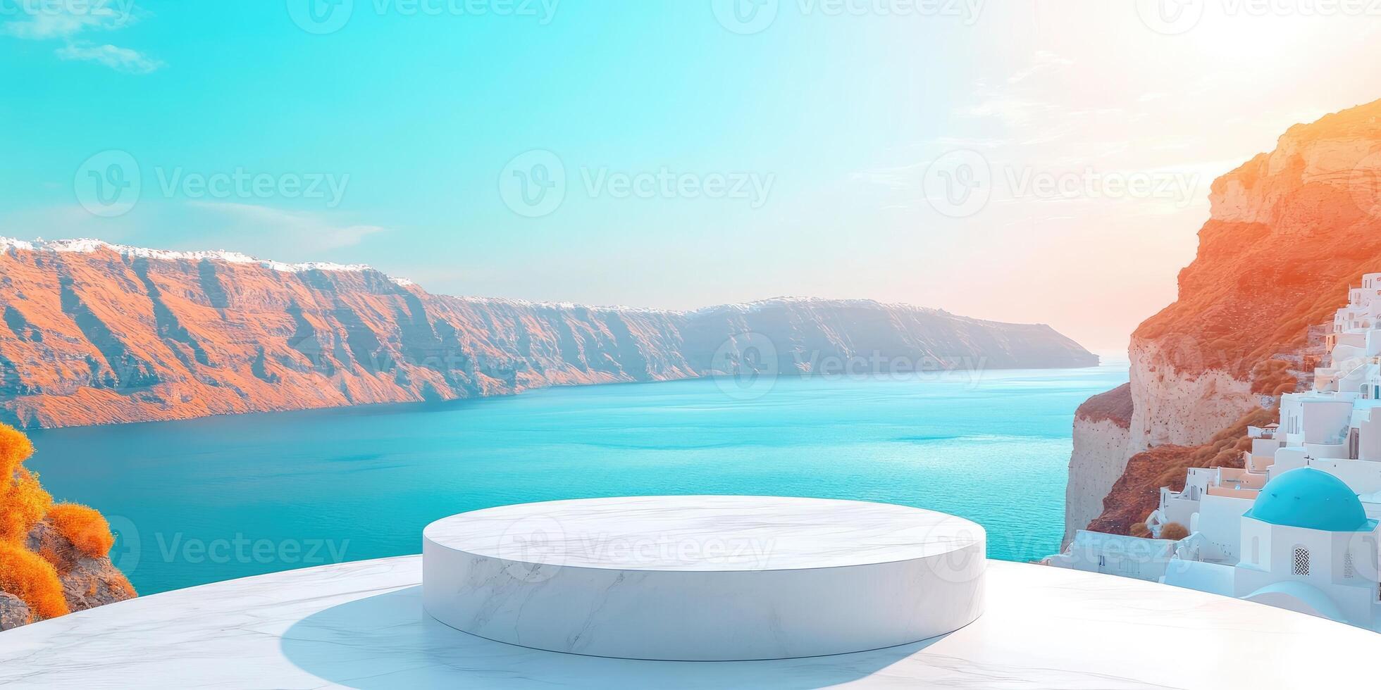 White Marble Platform Overlooking Aegean Sea and Santorini Cliffs photo