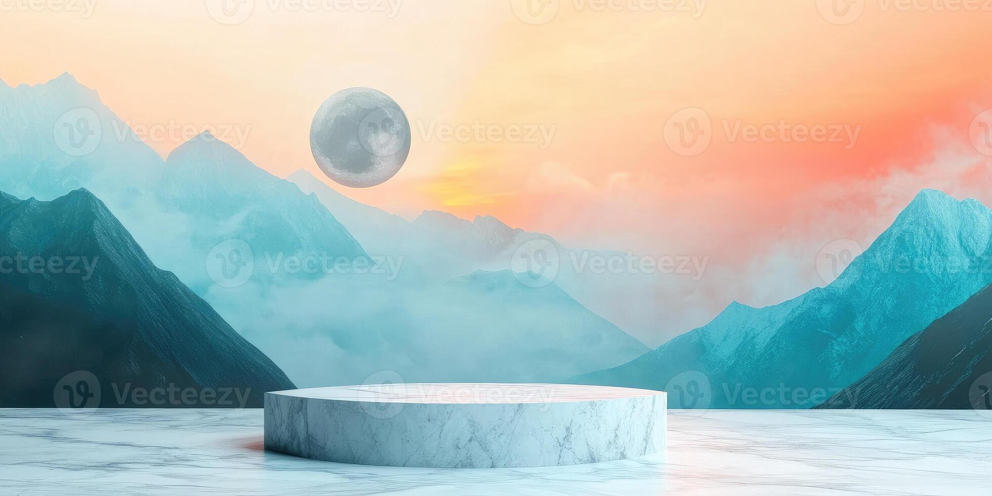 A Marble Pedestal in Front of Mountain Range and Moon photo