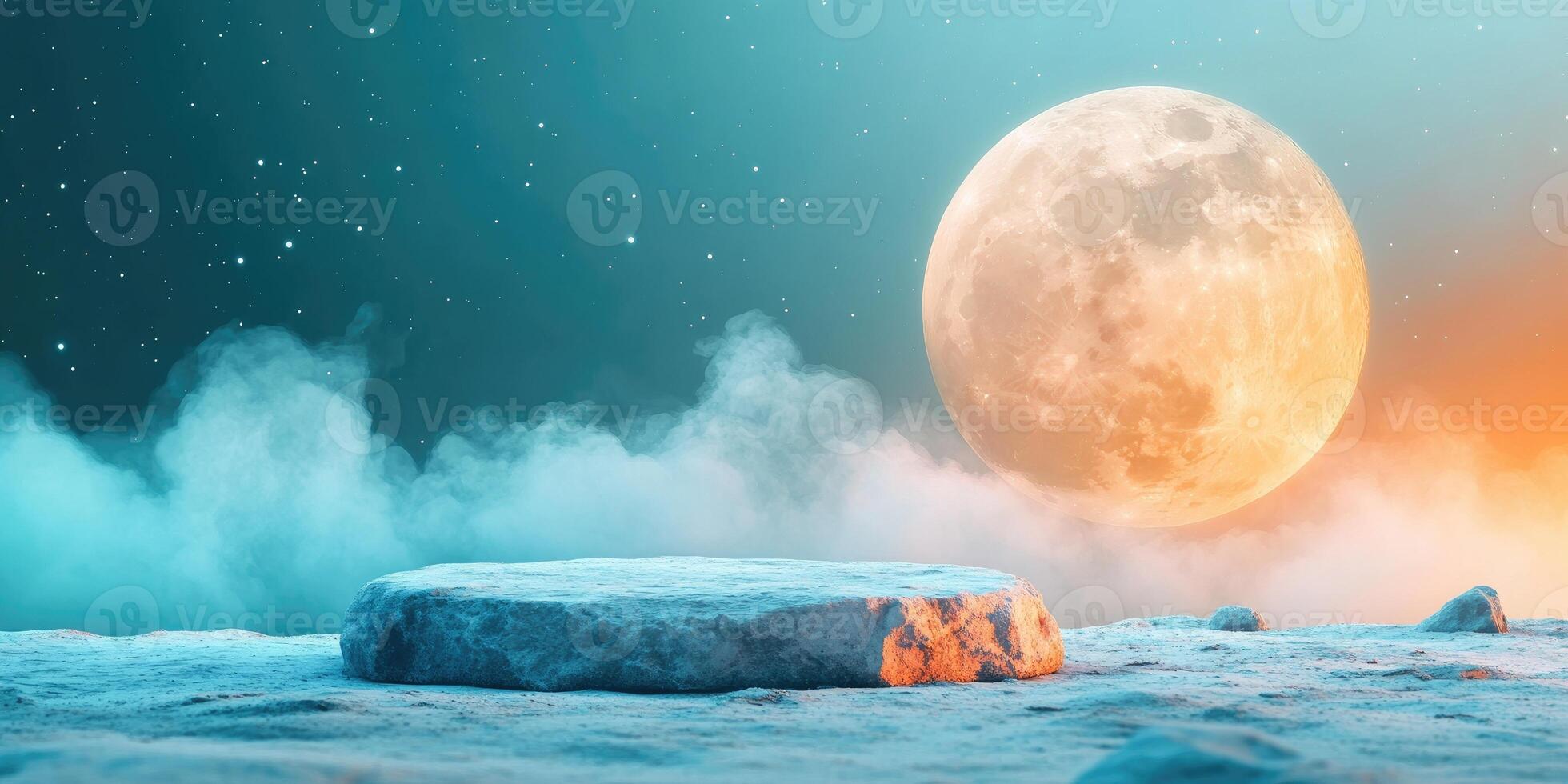 A large, full moon glows over a rocky, misty, alien landscape. photo