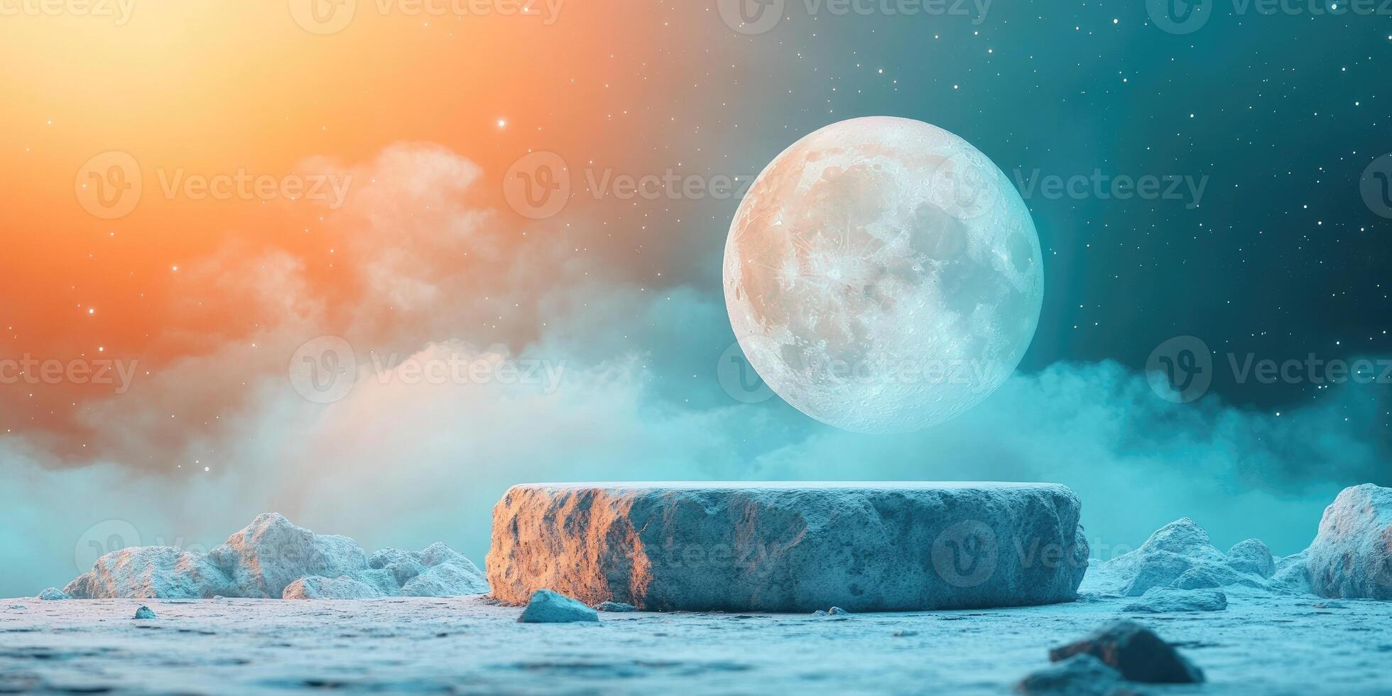 Stone Platform Under a Full Moon in a Foggy Night Sky photo