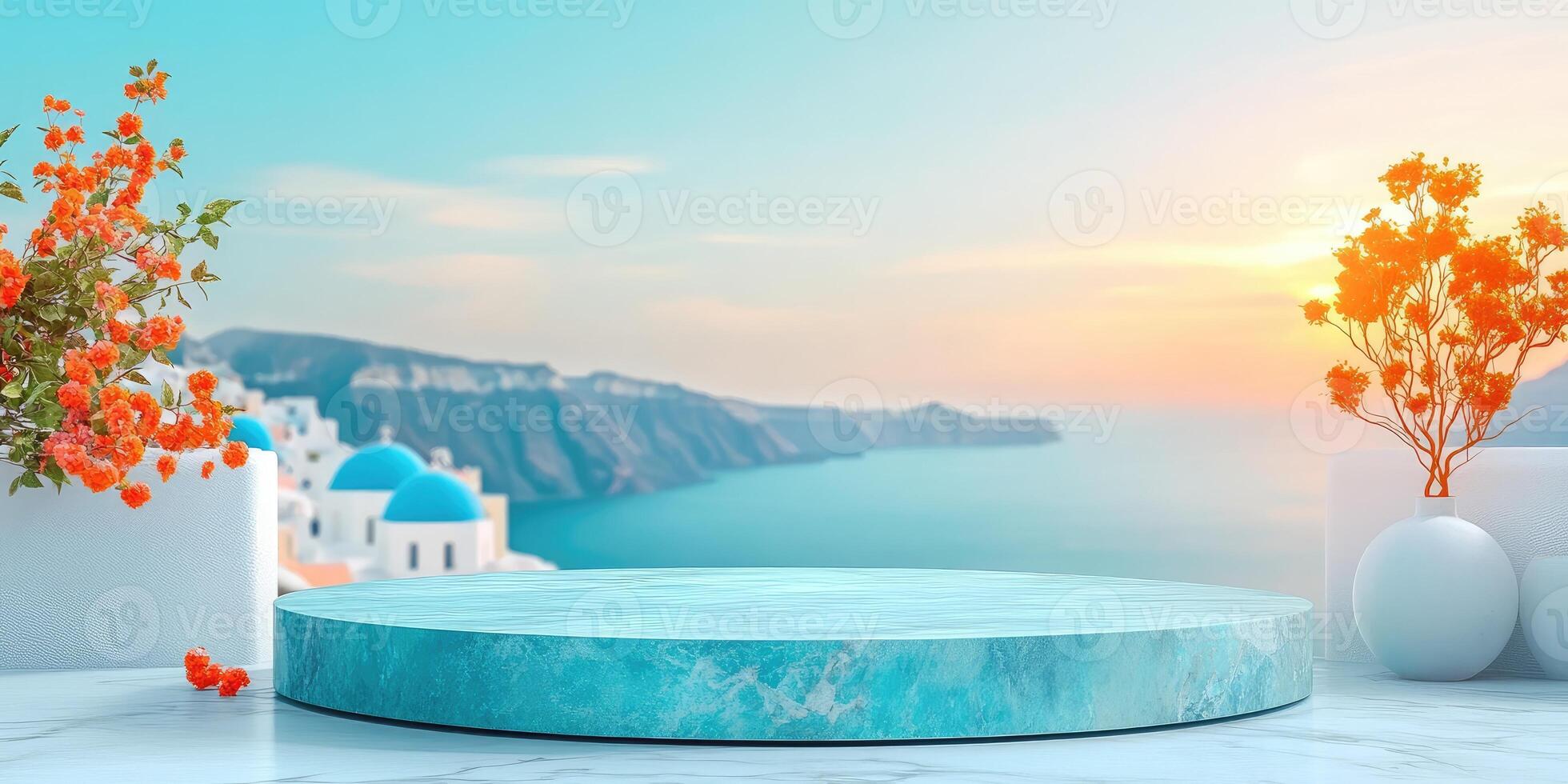 Turquoise Podium with Ocean View and Flowers photo