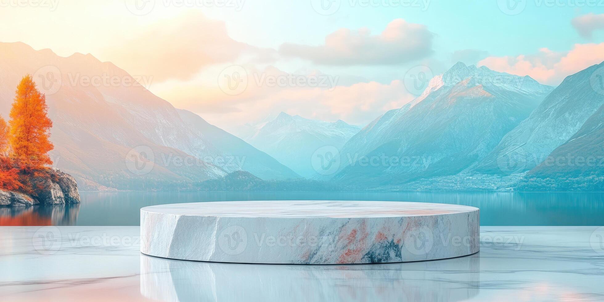Marble Platform in Front of a Mountain Landscape with a Lake photo