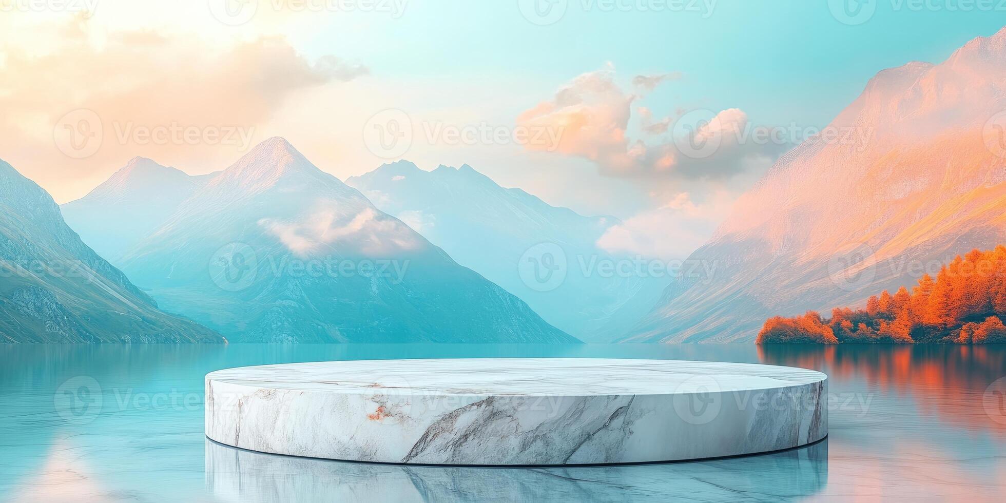 Marble Podium Floating on a Calm Lake Surrounded by Mountains photo