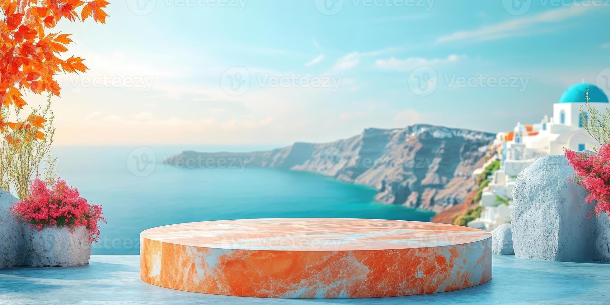Marble Podium with Santorini Island and Flowers in Background photo