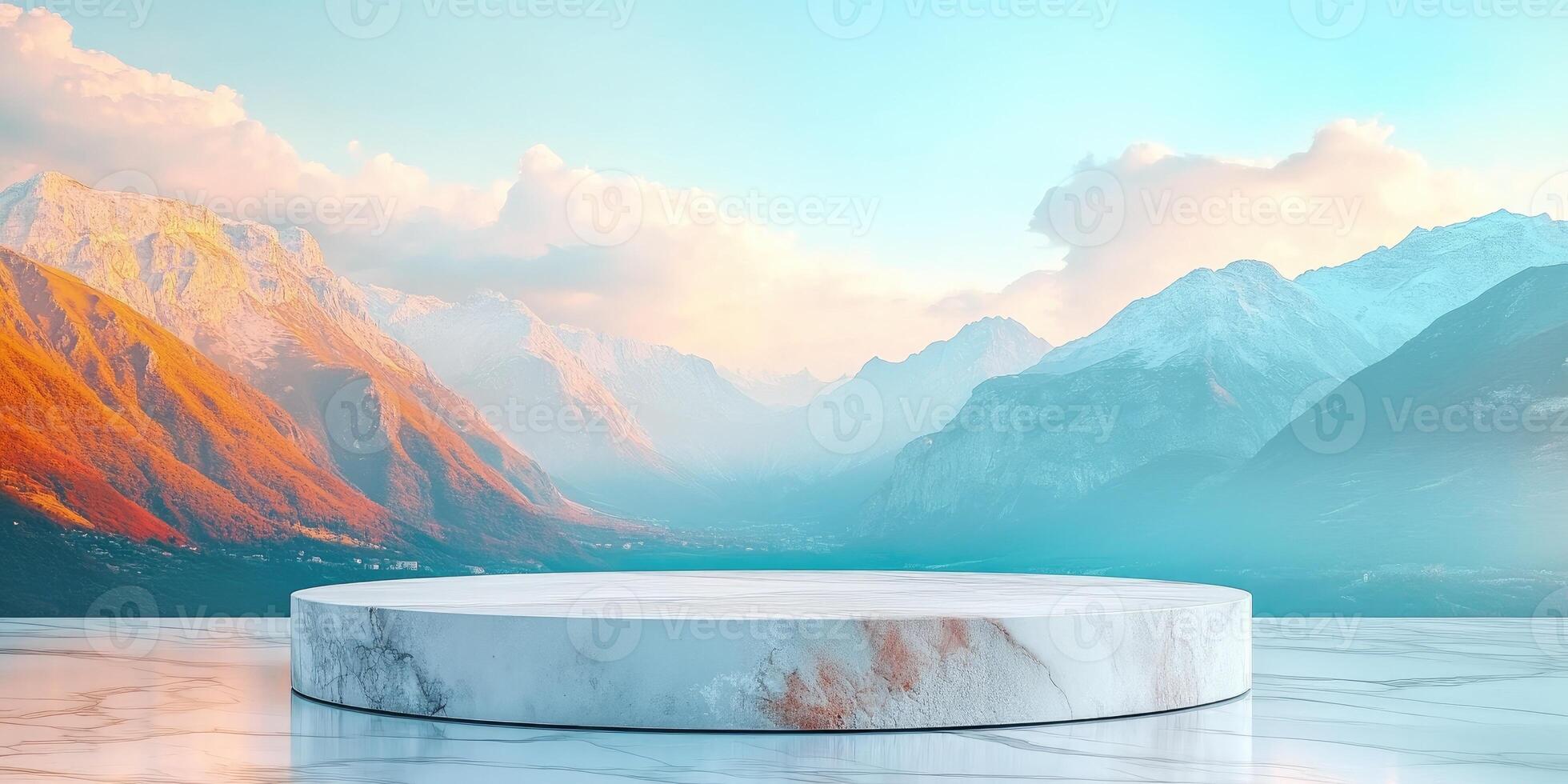 White Marble Podium with Mountain Range Background photo