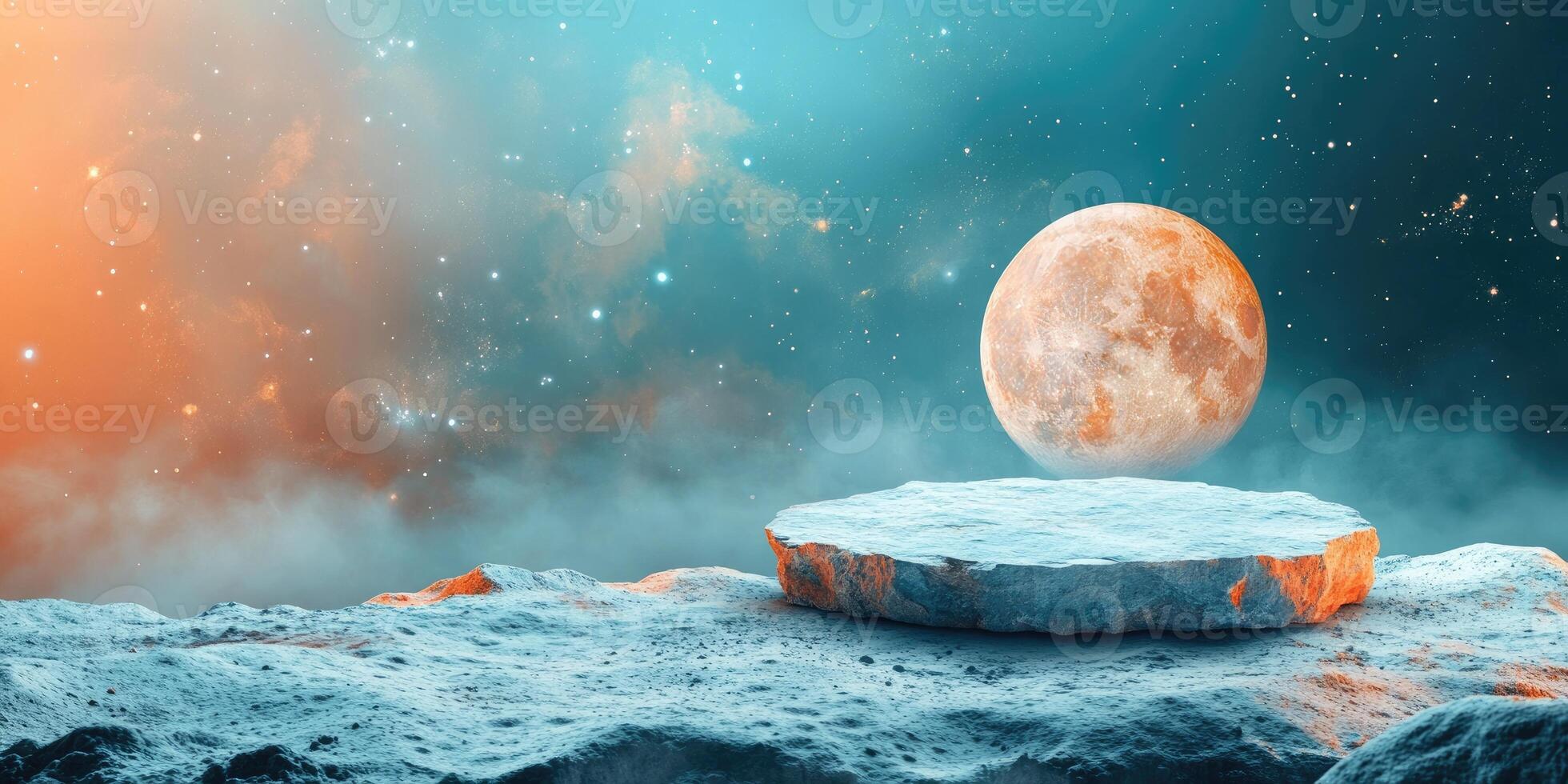 A Moonlit Landscape with a Rock Platform in a Cosmic Setting photo