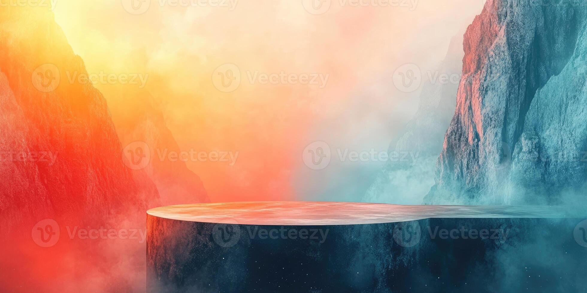Abstract mountain landscape with a platform in the middle photo