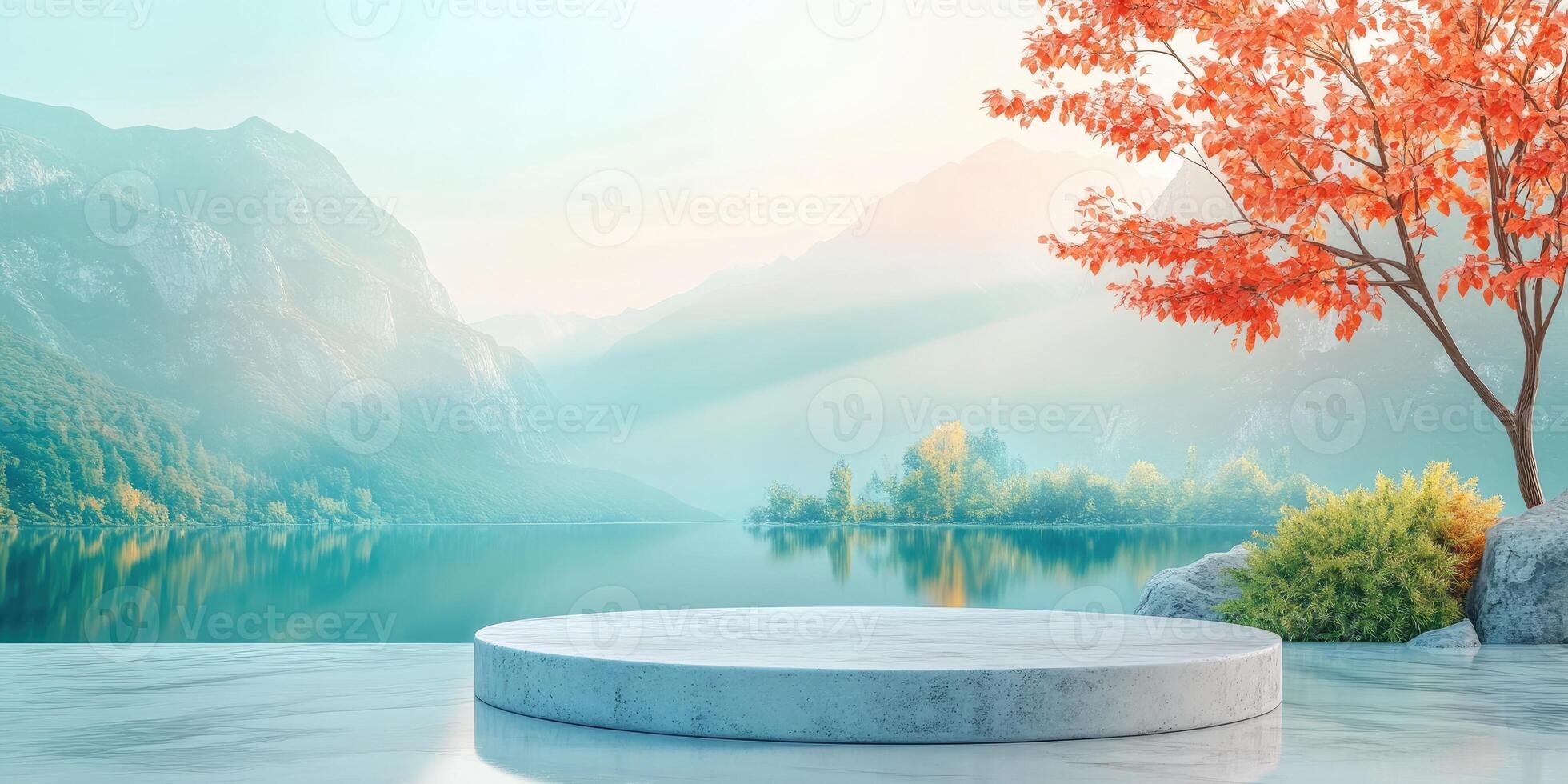 Circular Platform with Mountain Lake and Autumn Tree Background photo