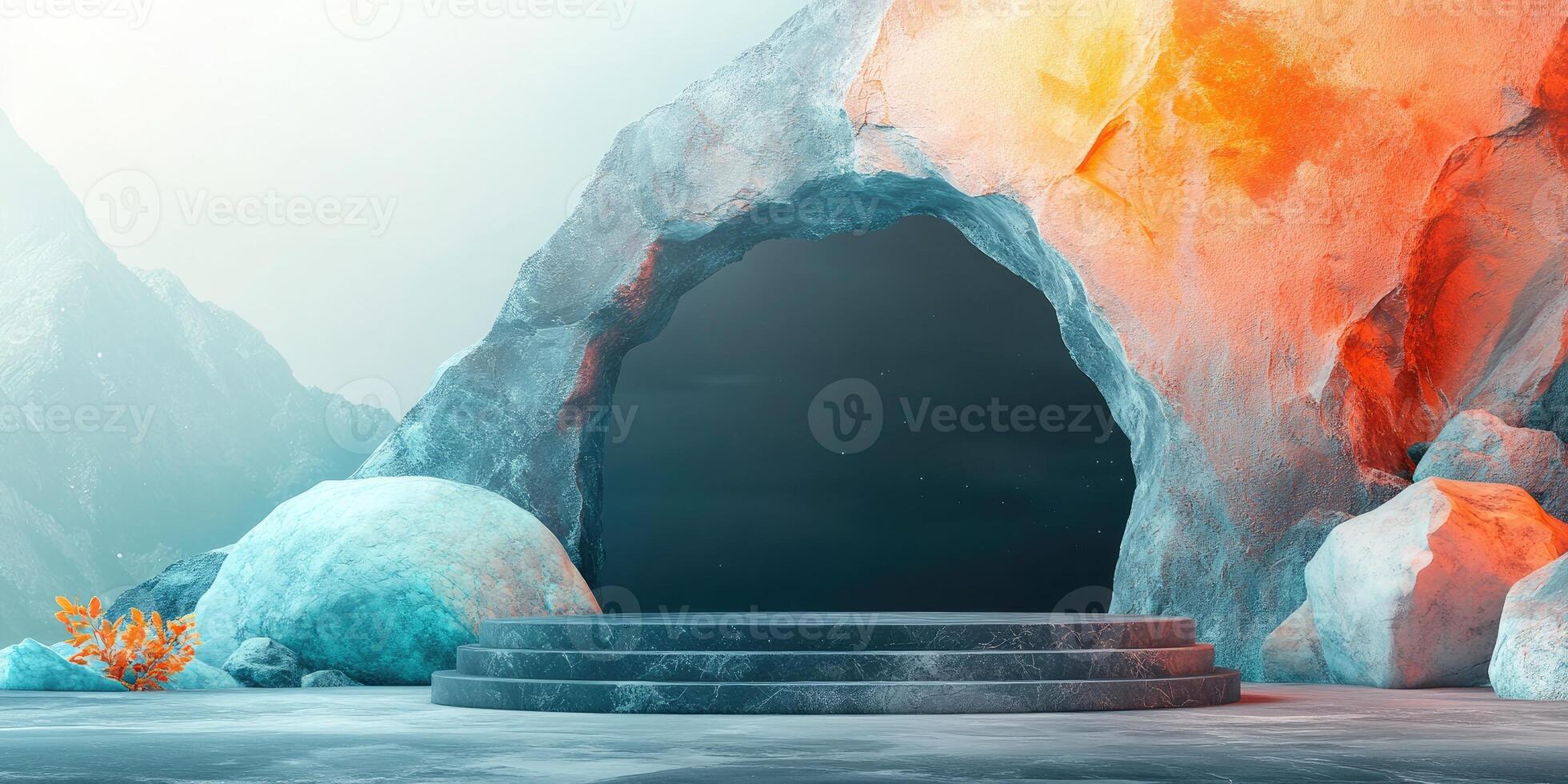 Stone Steps Leading Into a Cave in a Mystical Landscape photo