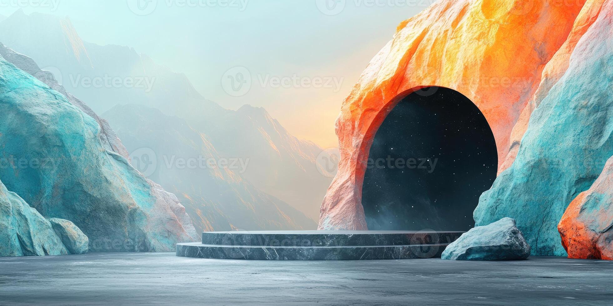 Abstract Minimalist Scene with a Stone Platform in a Mystical Mountain Landscape photo